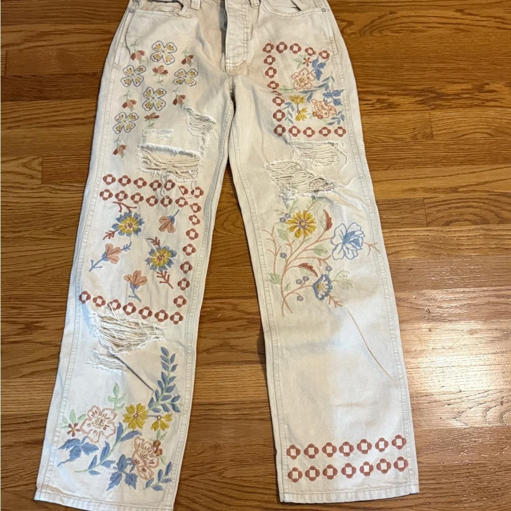 We The Free Blue and Yellow Flare Jeans with Floral Embroidery Size 25 - Picture 1 of 14